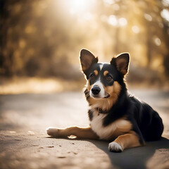 Generative AI, funny, cute dog puppies sitting on a road, grinning outside