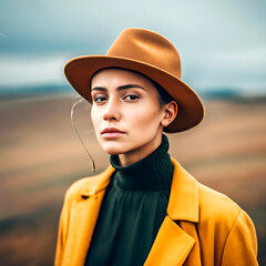 Young and pretty woman wearing colorful clothes, portrait at the beach. Generative AI illustration.