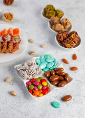 Assorted traditional Turkish sweets  delights and dragee,energy balls and filled dry fruits.