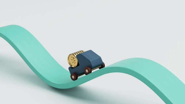 Dollar Fluctuation Concept Wood Car Transporting Dollar Coins On Wavy Road, Finance And Business 