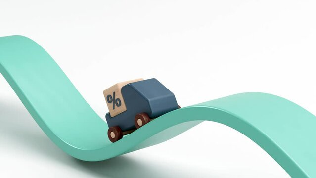 Wooden Car carrying cube with percentage sign, rate fluctuation business and finance concept