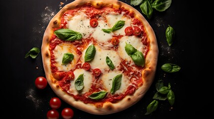  a pizza topped with cheese and basil on a black surface.  generative ai