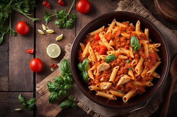Penne pasta with tomato sauce and basil on wooden background