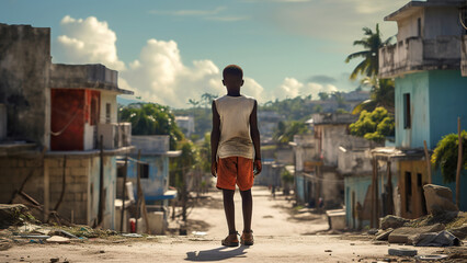 little Haitian boy from behind, background is a busy Haiti street photorealism.