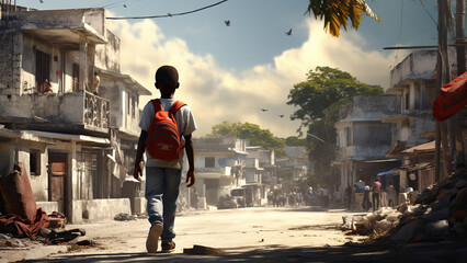 little Haitian boy from behind, background is a busy Haiti street photorealism. - obrazy, fototapety, plakaty