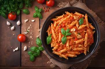 Penne pasta with tomato sauce and basil on wooden background