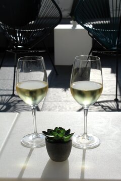 Ein edler tropfen Weißwein in Weingläsern, hübscher Sukkulent im Vordergrund, im Hintergrund Acapulco Chairs. Bar, Außengastronomie.