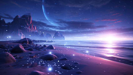 This is a surreal and exquisite CG rendering. Night, the light blue of the sky, covering the beach glaciers, purple crystal heart stone, light path, feathers, moon, stars, art, high resolution.