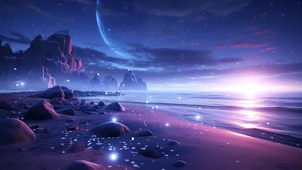 Foto op Aluminium This is a surreal and exquisite CG rendering. Night, the light blue of the sky, covering the beach glaciers, purple crystal heart stone, light path, feathers, moon, stars, art, high resolution. © margarit