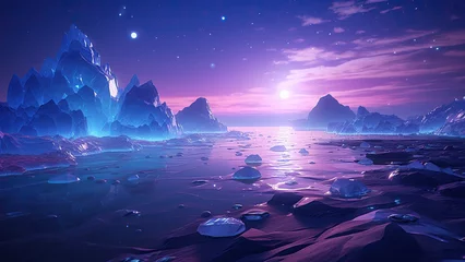  This is a surreal and exquisite CG rendering. Night, the light blue of the sky, covering the beach glaciers, purple crystal heart stone, light path, feathers, moon, stars, art, high resolution. © margarit