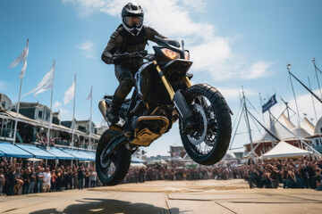 Fototapeta na wymiar Adrenaline-Pumping Stunt Rider Takes Flight in the Arena