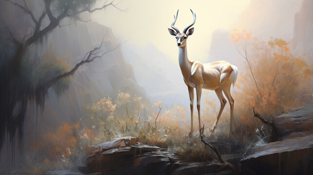 a painting of a gazel standing in a forest