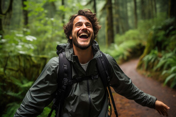 Tranquil Forest Trek with an Excited Hiker