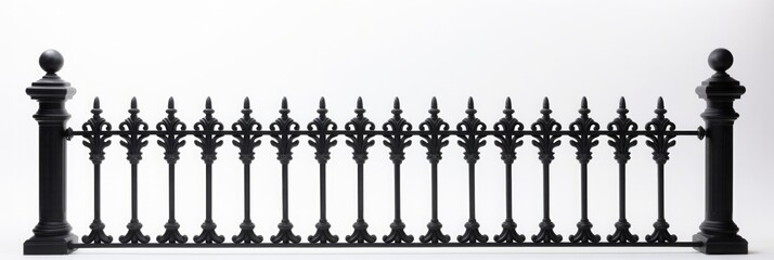 A Modern Metal Black Garden Fence, Isolated on a White Background, Frontal View, Enhances Outdoor Spaces with Sleek Design and Security