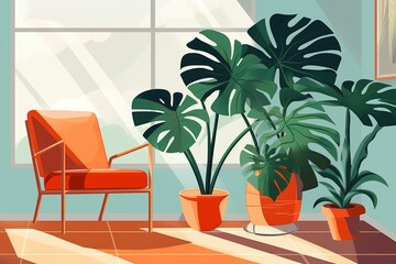 Simplified bright space with an illustrated monstera plant. Generative AI