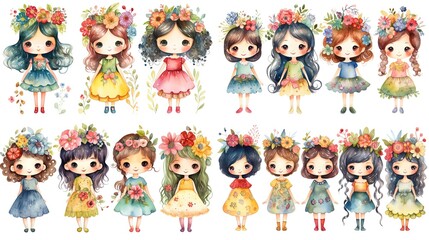 Obraz na płótnie Canvas watercolor style cartoon illustration of cute girls wearing fluffy tutu skirt summer and spring fashion with flower crown outfit, collection set, Generative Ai