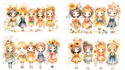 watercolor style cartoon illustration of cute girls wearing fluffy tutu skirt summer and spring fashion with flower crown outfit, collection set, Generative Ai