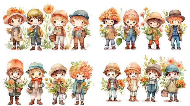 watercolor style illustration of group of cute farmer boy wearing Overall pants and hat with flower blossom, isolated on white background, collection set, Generative Ai