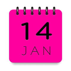 14 day of the month. January. Pink calendar daily icon. Black letters. Date day week Sunday, Monday, Tuesday, Wednesday, Thursday, Friday, Saturday. Cut paper. White background. Vector illustration.