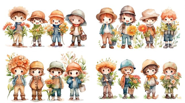 watercolor style illustration of group of cute farmer boy wearing Overall pants and hat with flower blossom, isolated on white background, collection set, Generative Ai
