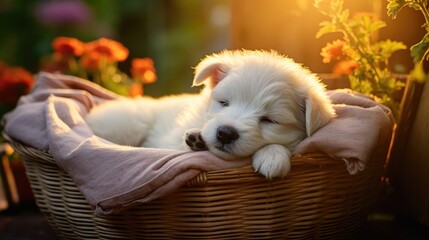 A small white dog is sleeping in a basket. Generative AI. - obrazy, fototapety, plakaty