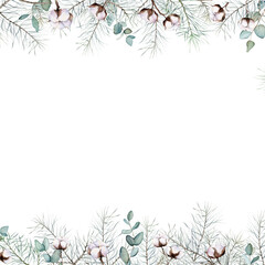 Watercolor Christmas frame of pine branches, eucalyptus, cotton. Decorative element for greeting card. Illustration