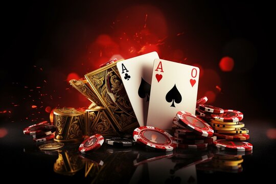 3D illustrated image featuring casino cards with black and red ace symbols in golden metal, rendering a poker, blackjack, and baccarat theme. Generative AI