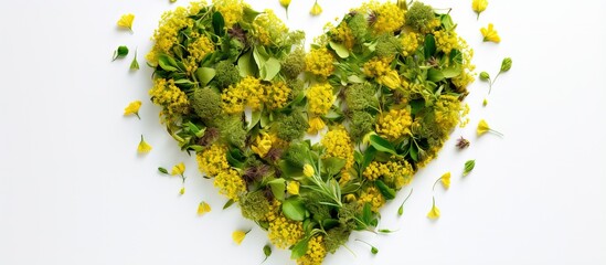 Valentine s card with eco style featuring a heart made of dried flowers and leaves from medicinal plants like St John s wort and tutsan Love herbal tea - obrazy, fototapety, plakaty