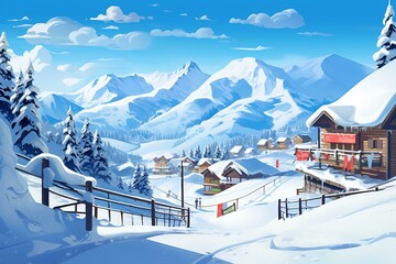 Illustrated winter ski resort scenes. Generative AI - obrazy, fototapety, plakaty