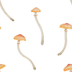 Watercolor hand drawn seamless pattern of mushrooms summer honey fungus. Galerina marginata illustration, forest toadstool clip art for for packing eco goods, gifts, paper, background, textiles, print