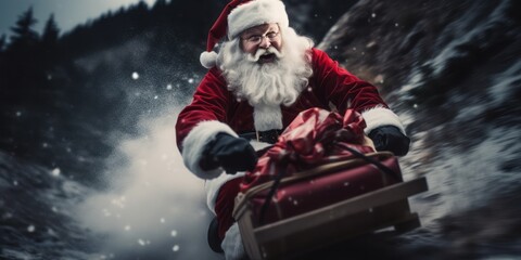 Santa Claus Spreads Christmas Joy: Laughing Santa Rushes Down a Snowy Mountain on a Wooden Sleigh, Delivering Holiday Gifts - obrazy, fototapety, plakaty