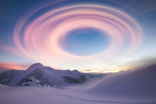 Optical phenomenon of circular rainbow cloud near snowy mountains. Generative AI