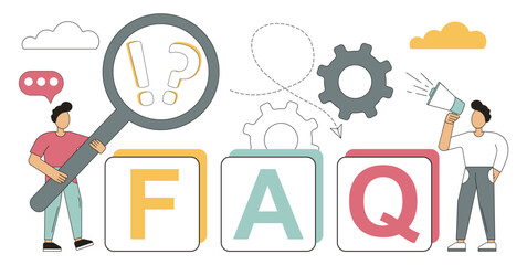 FAQ. Concept of request, question.Questions, information requests, questions and support questions, problem answers, help. Support of problems and their resolution.Vector illustration.