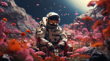 Fototapeta premium astronaut in a field with wild flowers growing - concept art. 