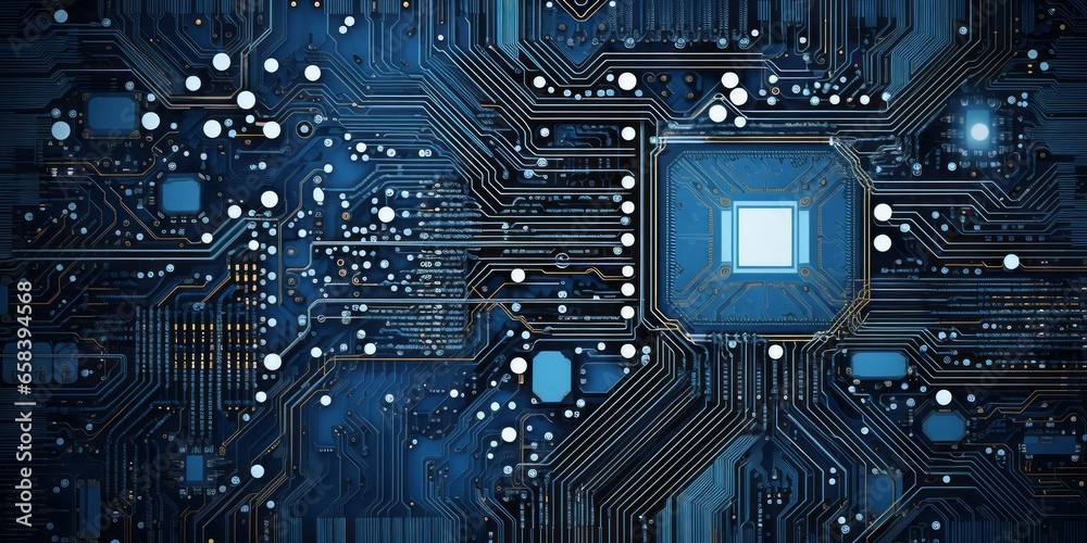 Poster a blue patterned computer circuit board illustrates iot, smart home, and security advancements in th