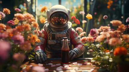 Obraz premium astronaut in a field with wild flowers growing - concept art. 