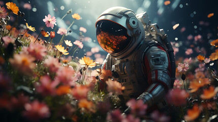 astronaut in a field with wild flowers growing - concept art.  - obrazy, fototapety, plakaty