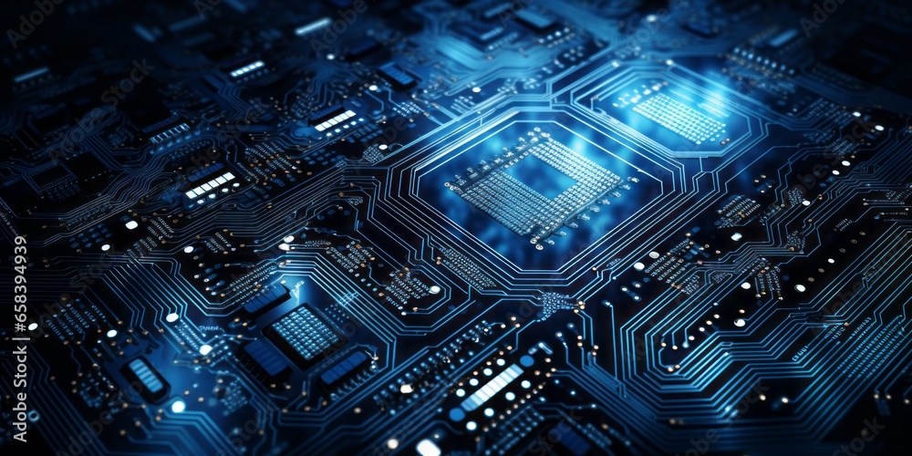 Poster a blue patterned computer circuit board illustrates iot, smart home, and security advancements in th