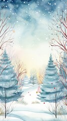 Whimsical winter scene with hand-drawn trees and a watercolor frame.