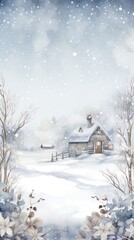Fototapeta na wymiar Rustic winter scene with a watercolor border and snowflakes