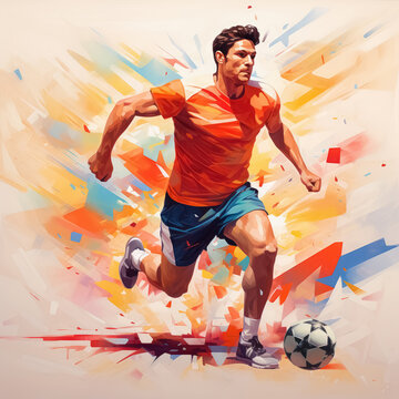 Single football player in colorful uniform runs with ball, illustration on festive background. 