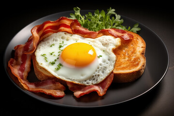 Fototapeta na wymiar Close up fried eggs on toast bread with bacon and greenery on black plate dark background isolated. 