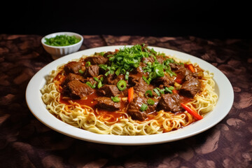 Pasta and goulash meat stew with vegetables on white plate on table dark background. 