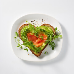 One toast bread in shape of heart with avocado, greenery and salmon pieces on plate isolated on white background top view. 