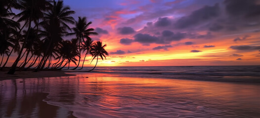Obraz premium Beautiful sunset over the sea with a view at palms on the white beach on a Caribbean island