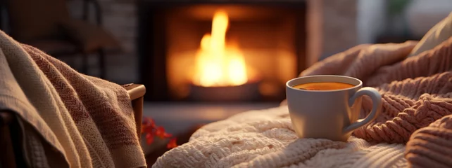 Foto op Plexiglas Mug with hot tea standing on a chair with woolen blanket in a cozy living room with fireplace. Cozy winter day. © © Raymond Orton