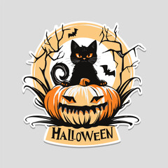 Black cat sitting on a Halloween pumpkin. Stiker, banner and card for Halloween