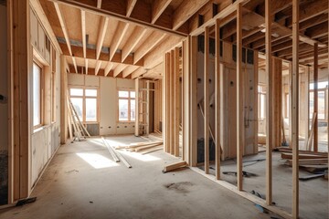 Interior of a house being built with construction site decor for real estate. Generative AI