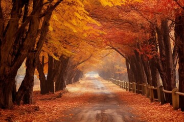 An enchanting road covered in colorful autumn leaves, with refreshing cool air and a gentle breeze. Generative AI