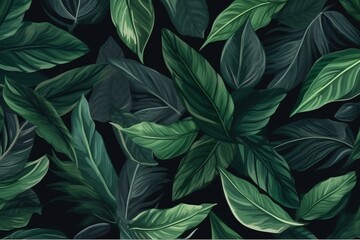 Seamless tropical pattern with green leaves on a dark plant background. Ideal for fabric, wallpaper, and paper design. Generative AI